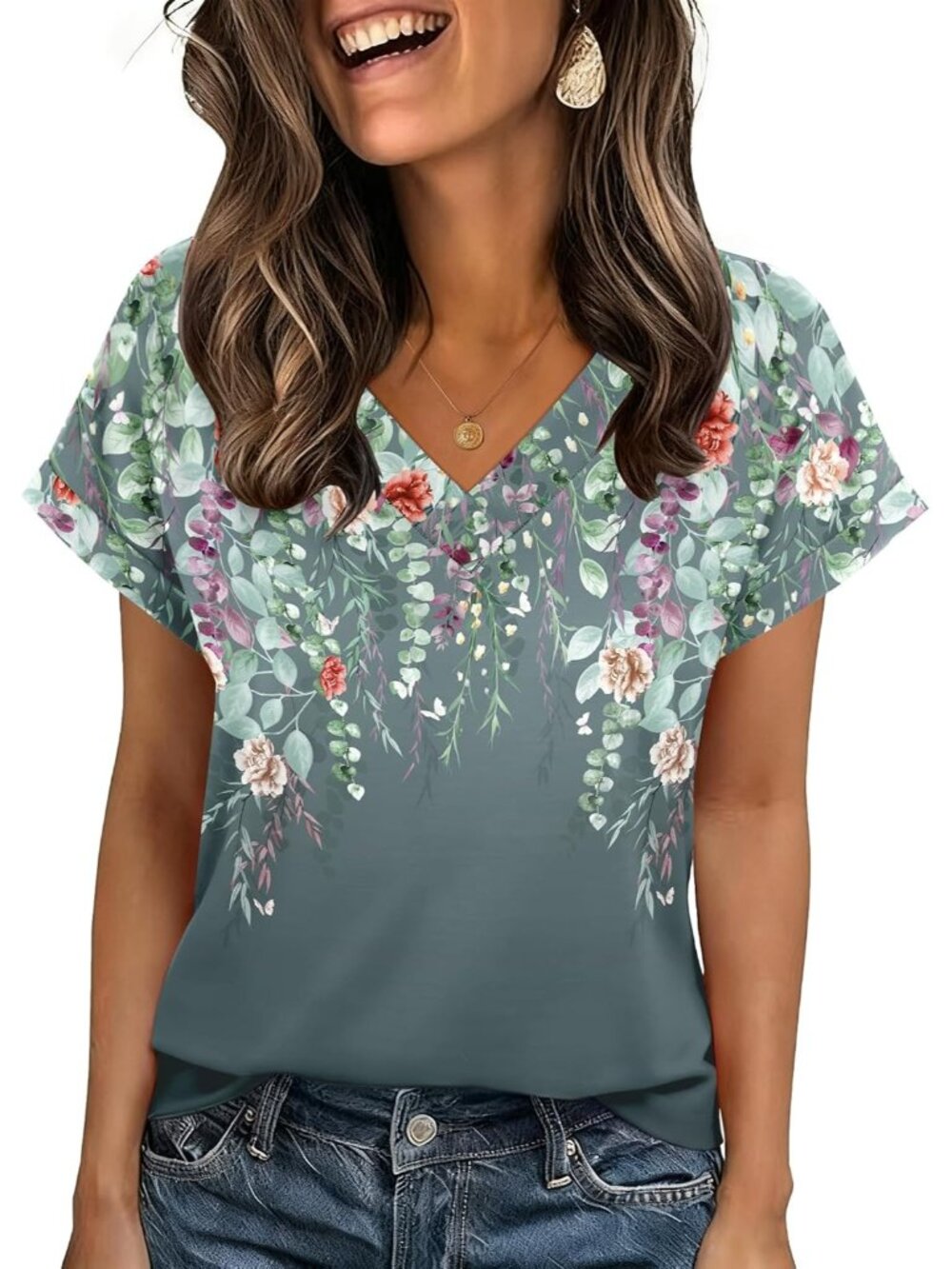 Women's Grey Flower Short Sleeve V Neck Basic Tees Shirts Casual Tops Blouses